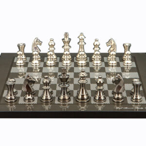 Dal Rossi Italy Chess Set on a 16″ Carbon Fibre Finish Board Black Nickel & Silver Chessmen 80mm - Image 1