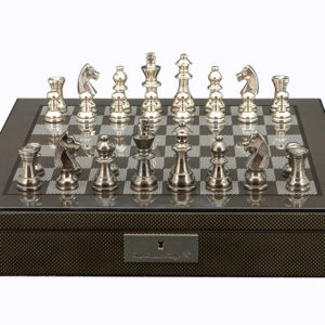 Dal Rossi Italy Chess Set on a 16″ Carbon Fibre Finish With Compartments Black Nickel & Silver Chessmen 80mm - Image 1