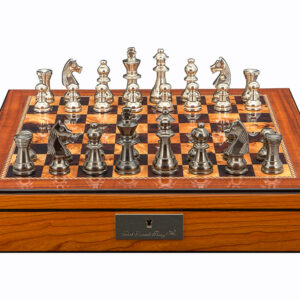 Dal Rossi Italy Chess Set on a 16″ Walnut Shinny Finish With Compartments Black Nickel & Silver Chessmen 80mm - Image 1