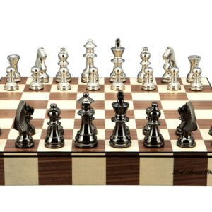 Dal Rossi Italy Chess Set on a 14″ Wooden Inlaid Chess Box With Drawer Black Nickel & Silver Chessmen 80mm - Image 1