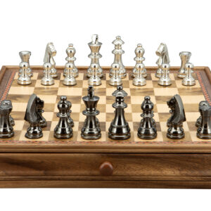Dal Rossi Italy Chess Set on a 15″ Walnut Chess Box With Drawer Black Nickel & Silver Chessmen 80mm - Image 1