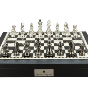 Dal Rossi Italy Chess Set on a 16″ Black and White Finish PU Leather Bevelled Edge With Compartments Black Nickel & Silver Chessmen 80mm - Image 1