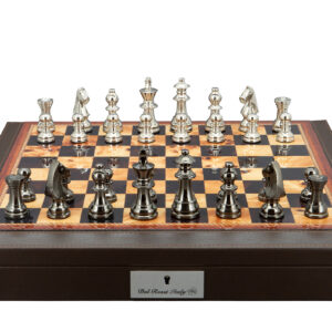 Dal Rossi Italy Chess Set on a 16″ Walnut Finish PU Leather Bevelled Edge With Compartments Black Nickel & Silver Chessmen 80mm - Image 1