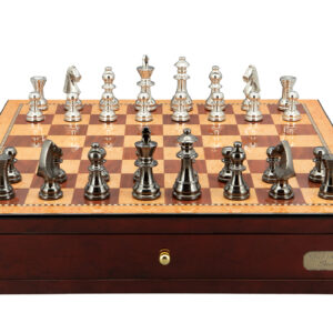 Dal Rossi Italy Chess Set on a 18″ Shiny Mahogany With Two Drawers Black Nickel & Silver Chessmen 80mm - Image 1