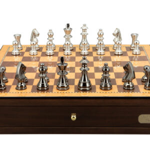 Dal Rossi Italy Chess Set on a 18″ Shiny Walnut With Two Drawers Black Nickel & Silver Chessmen 80mm - Image 1