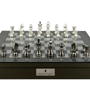 Dal Rossi Italy Chess Set on a 20″ Carbon Fibre Finish With Compartments Black Nickel & Silver Chessmen 80mm - Image 1