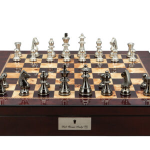 Dal Rossi Italy Chess Set on a 20″ Mahogany Finish With Compartments Black Nickel & Silver Chessmen 80mm - Image 1