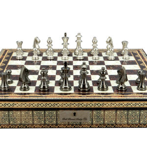 Dal Rossi Italy Chess Set on a 20″ Mosaic Finish With Compartments Black Nickel & Silver Chessmen 80mm - Image 1