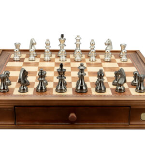 Dal Rossi Italy Chess Set on a 20″ Walnut Box Board With Two Drawers Black Nickel & Silver Chessmen 80mm - Image 1