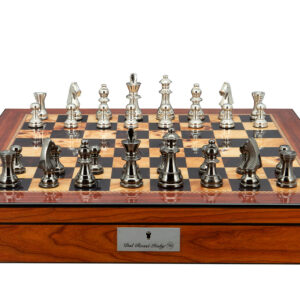 Dal Rossi Italy Chess Set on a 20″ Walnut Shinny Finish With Compartments Black Nickel & Silver Chessmen 80mm - Image 1