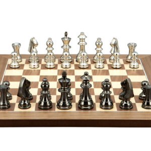 Dal Rossi Italy Chess Set on a 40cm Walnut Inlaid Chess Board Black Nickel & Silver Chessmen 80mm - Image 1