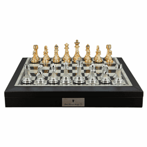 Dal Rossi Italy Chess Set with Black and White PU Leather Bevelled Edge chess box with compartments 18″ and Modern Staunton Style Gold and Silver Chess Pieces