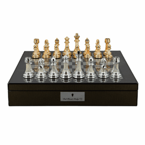 Dal Rossi Italy Chess Set with Carbon Fibre Shiny Finish Chess Box 16” with compartments and Modern Staunton Style Gold and Silver Chess Pieces - Image 1