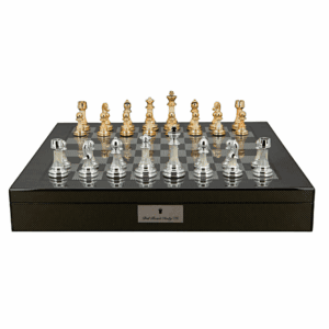 Dal Rossi Italy Chess Set with Carbon Fibre Shiny Finish Chess Box 20” with compartments and Modern Staunton Style Gold and Silver Chess Pieces