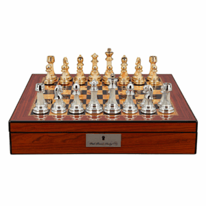 Dal Rossi Italy Chess Set with Shiny Walnut Finish Chess Box 16” with compartments and Modern Staunton Style Gold and Silver Chess Pieces - Image 1