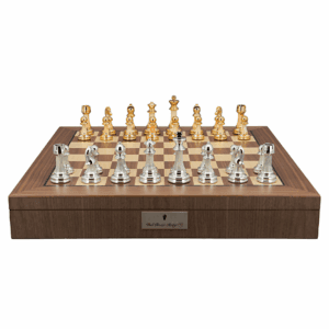 Dal Rossi Italy Chess Set with Walnut Inlaid Chess Box 20” with compartments and Modern Staunton Style Gold and Silver Chess Pieces - Image 1