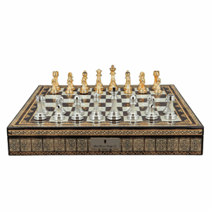 Dal Rossi Italy Chess Set with Mosaic Finish Chess Box 20” with compartments and Modern Staunton Style Gold and Silver Chess Pieces - Image 1