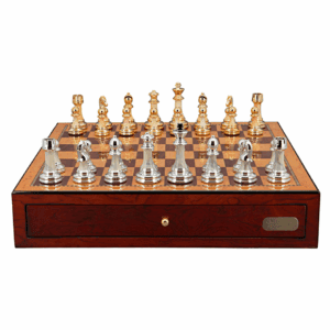Dal Rossi Italy Chess Set with Shiny Mahogany Chess Box 18” with drawers and Modern Staunton Style Gold and Silver Chess Pieces - Image 1