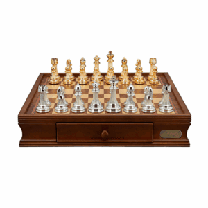 Dal Rossi Italy Chess Set with Walnut Finish Chess Box 16” with drawers and Modern Staunton Style Gold and Silver Chess Pieces - Image 1