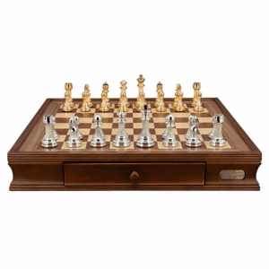 Dal Rossi Italy Chess Set with Walnut Finish Chess Box 20” with drawers and Modern Staunton Style Gold and Silver Chess Pieces - Image 1