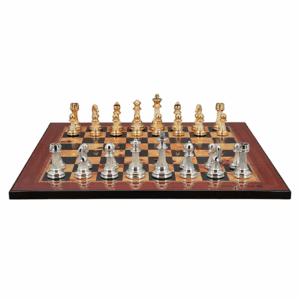 Dal Rossi Italy Modern Staunton Style Gold and Silver Chess Pieces on Shiny Walnut Finish Chess Board 50cm - Image 1