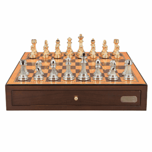 Dal Rossi Italy Chess Set with Shiny Walnut Chess Box 18” with drawers and Modern Staunton Style Gold and Silver Chess Pieces - Image 1
