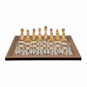Dal Rossi Italy Modern Staunton Style Gold and Silver Chess Pieces on Walnut Inlaid Chess Board 40cm - Image 1
