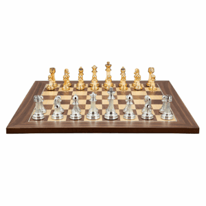 Dal Rossi Italy Modern Staunton Style Gold and Silver Chess Pieces on Walnut Inlaid Chess Board 50cm - Image 1