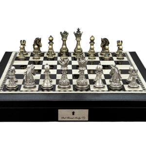 Dal Rossi Italy Chess Set with Black and White PU Leather Bevelled Edge chess box with compartments 18″ and Regal Copper and Silver 90mm Chess Pieces - Image 1