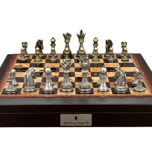 Dal Rossi Italy Chess Set with Brown PU Leather Bevelled Edge chess box with compartments 18″ and Regal Copper and Silver 90mm Chess Pieces - Image 1