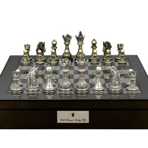 Dal Rossi Italy Chess Set with Carbon Fibre Shiny Finish Chess Box 16” with compartments and Regal Copper and Silver 90mm Chess Pieces - Image 1