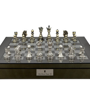 Dal Rossi Italy Chess Set with Carbon Fibre Shiny Finish Chess Box 20” with compartments and Regal Copper and Silver 90mm Chess Pieces - Image 1