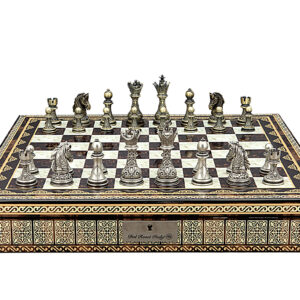 Dal Rossi Italy Chess Set with Mosaic Finish Chess Box 20” with compartments and Regal Copper and Silver 90mm Chess Pieces - Image 1