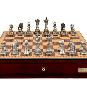 Dal Rossi Italy Chess Set with Shiny Mahogany Chess Box 18” with drawers and Regal Copper and Silver 90mm Chess Pieces - Image 1