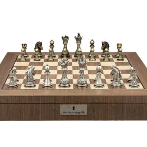 Dal Rossi Italy Chess Set with Walnut Inlaid Chess Box 20” with compartments and Regal Copper and Silver 90mm Chess Pieces - Image 1