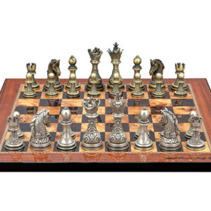 Dal Rossi Italy Regal Copper and Silver 90mm Chess Pieces on Shiny Walnut Finish Chess Board 40cm - Image 1