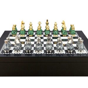 Dal Rossi Italy Chess set with Black and White High Gloss Finish Angular Chess Box 20” with compartments  and Gray and Green with Gold and Silver Tops and Bottoms Chessmen 90mm - Image 1