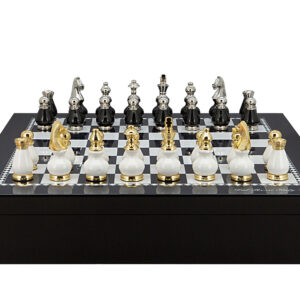 Dal Rossi Italy Chess set with Black and White High Gloss Finish Angular Chess Box 20” with compartments  and Black and White with Gold and Silver Tops and Bottoms Chessmen 90mm - Image 1