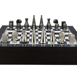 Dal Rossi Italy Chess set with Black and White High Gloss Finish Angular Chess Box 20” with compartments  and  Metal Dark Titanium and Silver 90mm Chessmen - Image 1