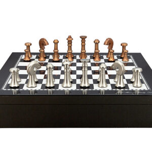 Dal Rossi Italy Chess set with Black and White High Gloss Finish Angular Chess Box 20” with compartments  and Metal Copper and Silver 80mm Chessmen - Image 1