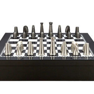 Dal Rossi Italy Chess set with Black and White High Gloss Finish Angular Chess Box 20” with compartments  and Dark Titanium and Silver 85mm Chess Pieces - Image 1