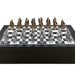 Dal Rossi Italy Chess set with Black and White High Gloss Finish Angular Chess Box 20” with compartments  and Dragon, Pewter Chessmen - Image 1