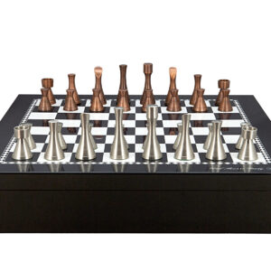 Dal Rossi Italy Chess set with Black and White High Gloss Finish Angular Chess Box 20” with compartments  and Contemporary Metal Chessmen  - Image 1