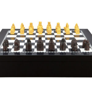 Dal Rossi Italy Chess set with Black and White High Gloss Finish Angular Chess Box 20” with compartments and Small Isle of Lewis Chessmen - Image 1
