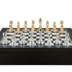 Dal Rossi Italy Chess set with Black and White High Gloss Finish Angular Chess Box 20” with compartments  and Modern Staunton Style Gold and Silver Chess Pieces - Image 1