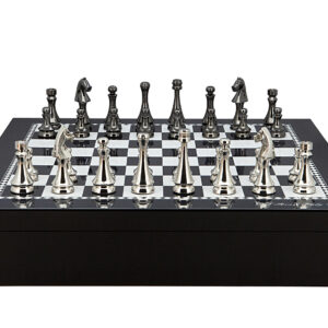 Dal Rossi Italy Chess set with Black and White High Gloss Finish Angular Chess Box 20” with compartments  and Metal Dark Titanium and Silver 85mm Chessmen - Image 1