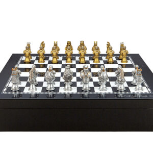 Dal Rossi Italy Chess set with Black and White High Gloss Finish Angular Chess Box 20” with compartments  and Medieval Warriors (Resin) Chess Pieces - Image 1