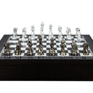 Dal Rossi Italy Chess set with Black and White High Gloss Finish Angular Chess Box 20” with compartments  and Diamond-Cut Titanium & Silver Chessmen Chess Pieces 85mm - Image 1