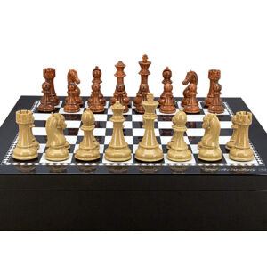 Dal Rossi Italy Chess set with Black and White High Gloss Finish Angular Chess Box 20” with compartments  and Brown and Box Wood Grain Finish 110mm Chess Pieces - Image 1