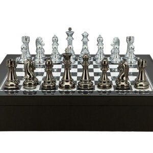 Dal Rossi Italy Chess set with Black and White High Gloss Finish Angular Chess Box 20” with compartments  and Silver and Dark Titanium Weight Chess pieces 110mm - Image 1